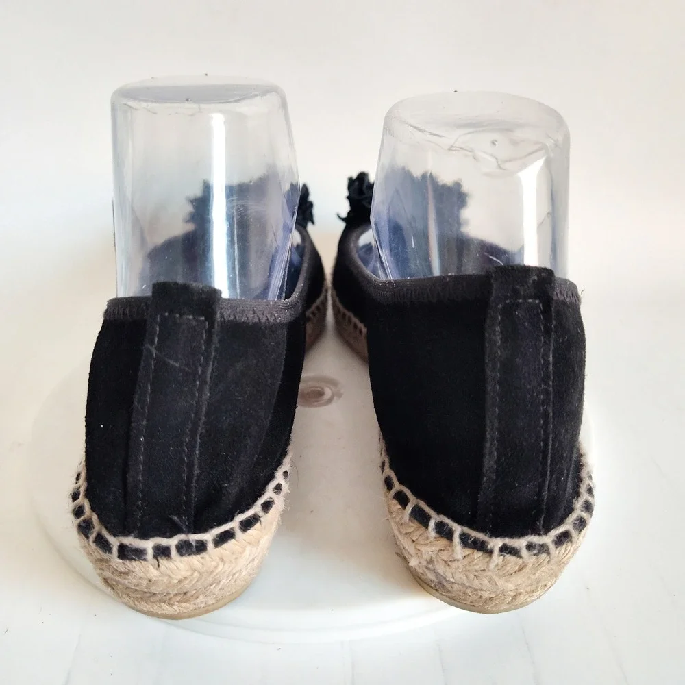 Andre Assous Espadrille Flats 9 Black Suede‎ Shoes Ruffle Flower Made in Spain